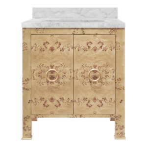 Matthew Izzo Home Blanche Light Burlwood Single White Porcelain Sink Bath Vanity With Carrara Marble Top and Backsplash and Brass Hardware