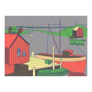 1970s Carl Reid Fishing Docks Serigraph For Sale