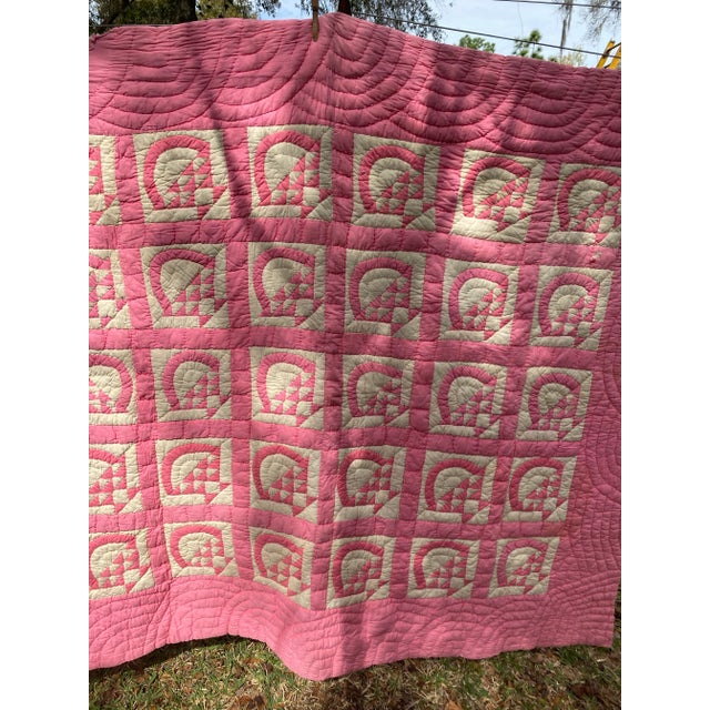 Pink and White Basket Design Basket Pattern Quilt Handsewn Circa 1940’s/50’s For Sale - Image 10 of 12