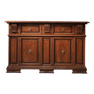 (One of a Kind) Italian Walnut Tuscan Sideboard With Inlaid Panel Doors & Brass Hardware For Sale
