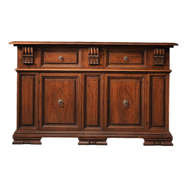 (One of a Kind) Italian Walnut Tuscan Sideboard With Inlaid Panel Doors & Brass Hardware For Sale