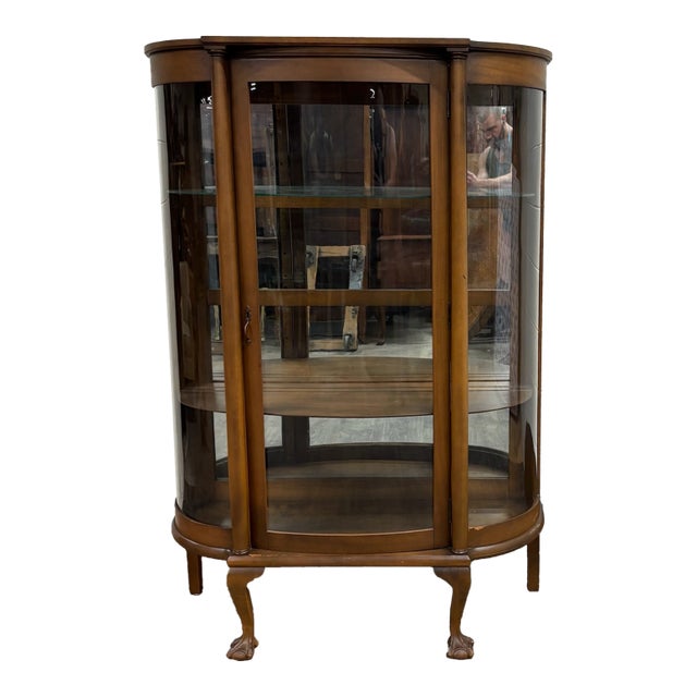Antique Queen Anne Style Curved Bowed Glass Curio Display China Cabinet For Sale