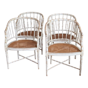 Set of Four Regency Style White Painted Faux Bamboo Armchairs With Cane Seats