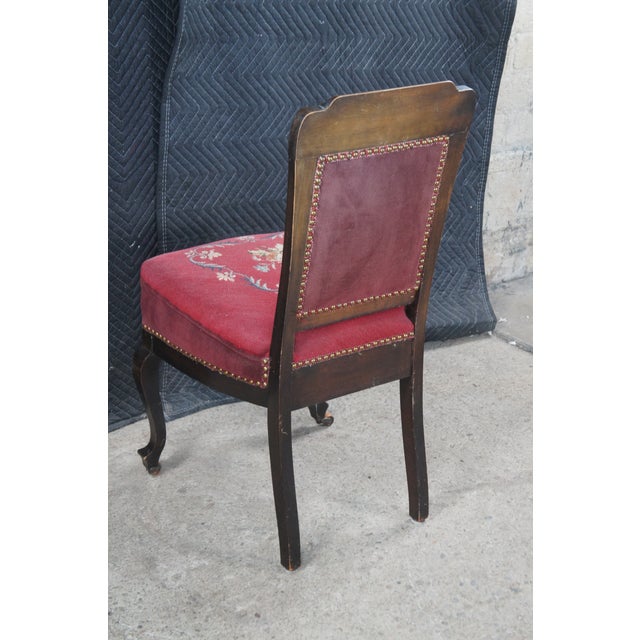 Wood Antique English Edwardian Mahogany Needlepoint Nailhead Parlor Vanity Desk Chair For Sale - Image 7 of 12