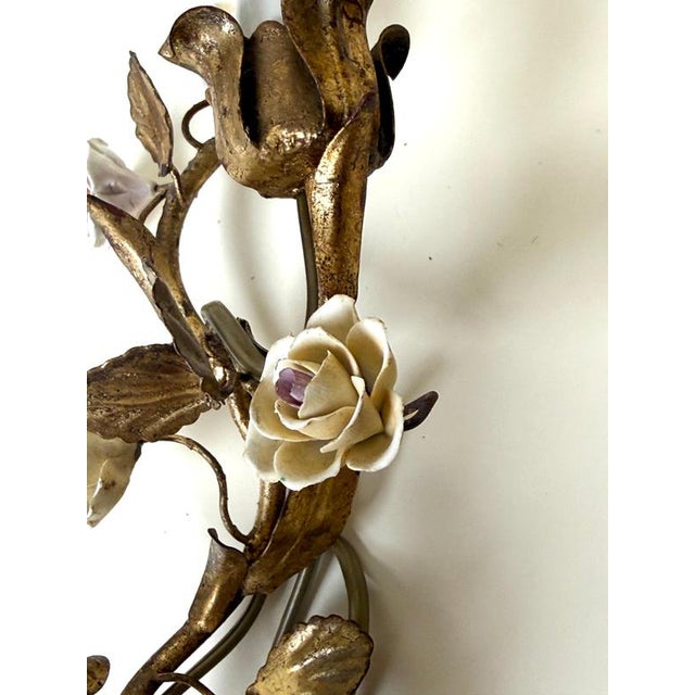Vintage Italian Mirrored Gilt Metal and Porcelain Rose Sconces, 1940s, Set of 2 For Sale - Image 10 of 18