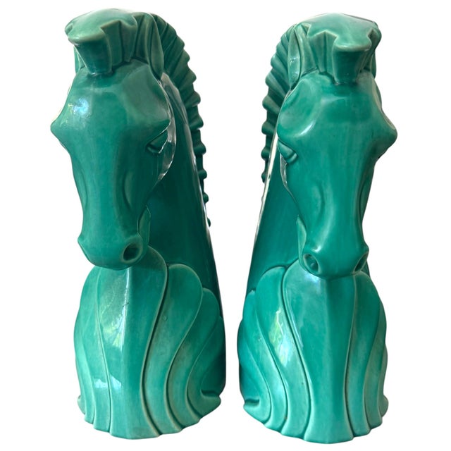 Pair of Art Deco Style Turquoise Ceramic Horse Bookends, 10” Sculptural Figures For Sale - Image 11 of 12
