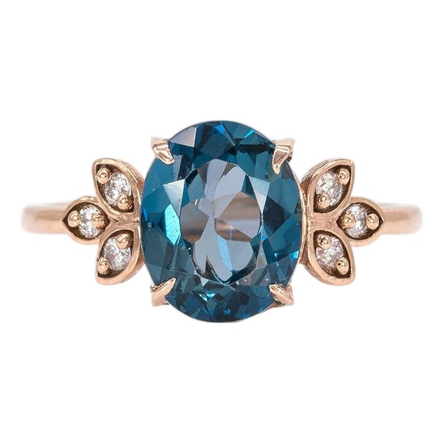 3.2Ct London Blue Topaz Ring With Earth-Mined Diamond Accents: Solid 14k Gold, Size 6.75 For Sale
