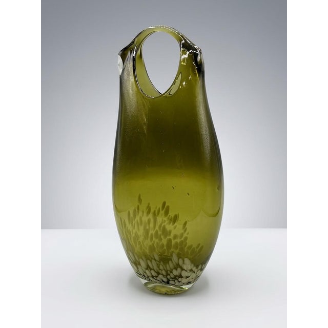 Glass Large Mid-Century Hand-Blown Olive Green and White Spatter Art Glass Vase, 1970s For Sale - Image 7 of 17