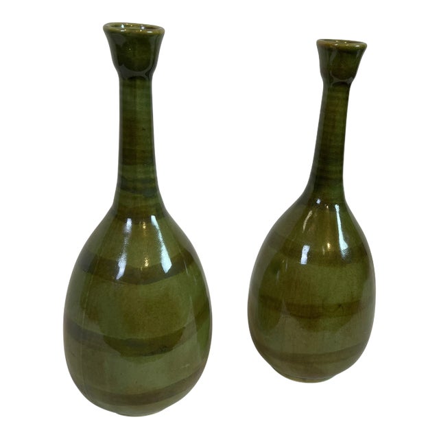 Green Vases with Crackle Glaze and Aged Green Finish - a Pair For Sale