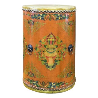Distressed Light Orange Tibetan Style Jewel Symbol Round Drum Table For Sale
