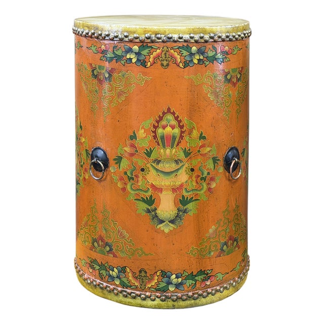 Distressed Light Orange Tibetan Style Jewel Symbol Round Drum Table For Sale