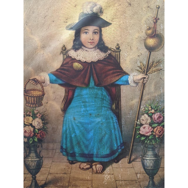 Antique Spanish Colonial Santo Niño De Atocha Retablo in Giltwood Mirrored Frame For Sale - Image 11 of 18