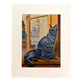 Vintage 1965 Girard Goodenow Cat Print in 16x20 Mat Ready to Frame: Russian Blue For Sale
