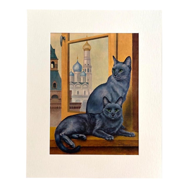 Vintage 1965 Girard Goodenow Cat Print in 16x20 Mat Ready to Frame: Russian Blue For Sale