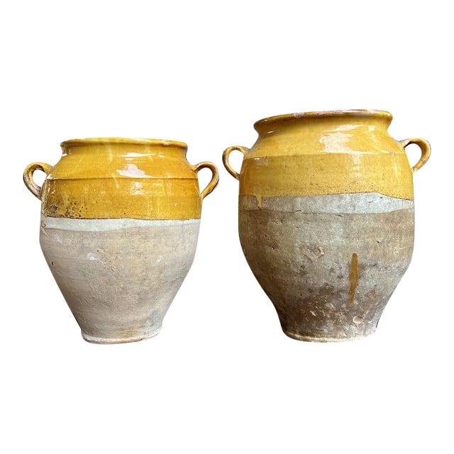 Pair Antique Provincial French Yellow Glazed Pottery Confit Pot Urn Vase Vessel For Sale
