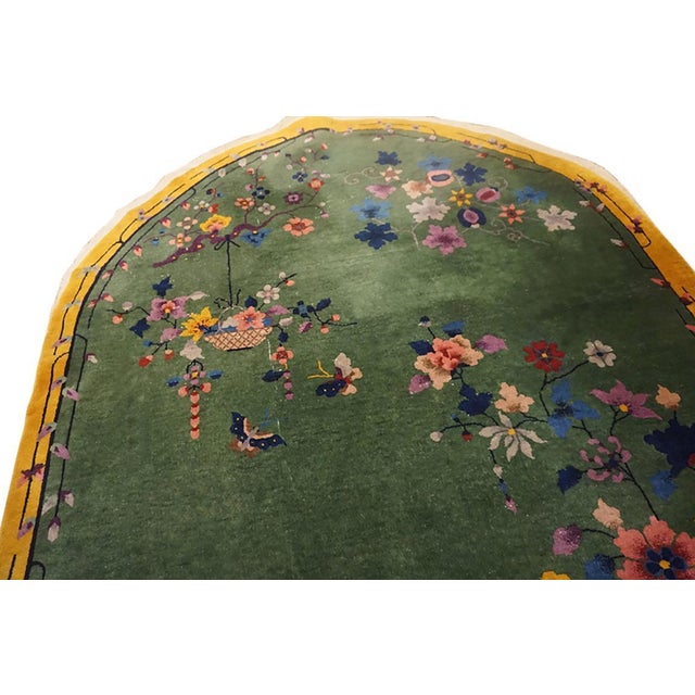 Art Deco 1930s Green Floral Oval Antique Chinese Art Deco Rug 6' X 8' 10" Handknotted Wool Carpet For Sale - Image 3 of 6