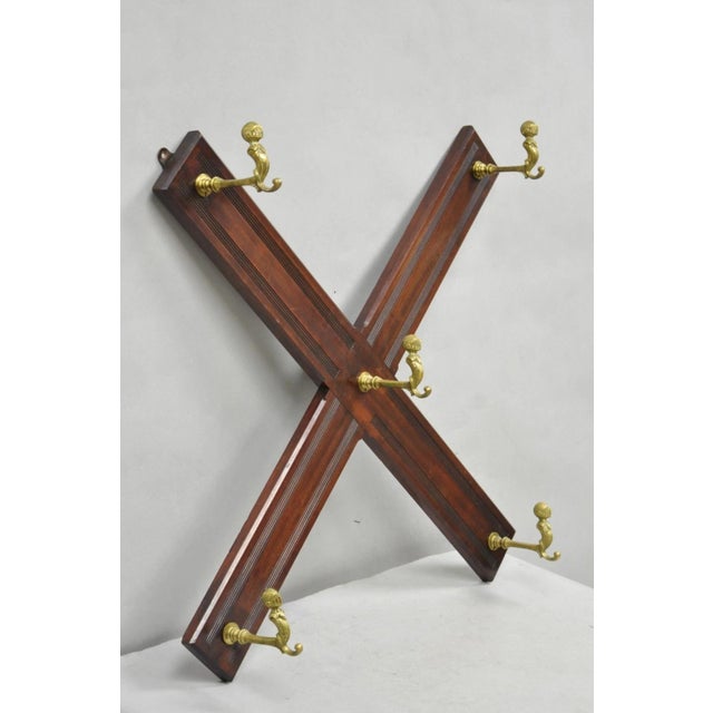 Antique Victorian Mahogany X-Form Wall Coat Rack W/ Brass Knight's Helmet Hooks For Sale - Image 14 of 14