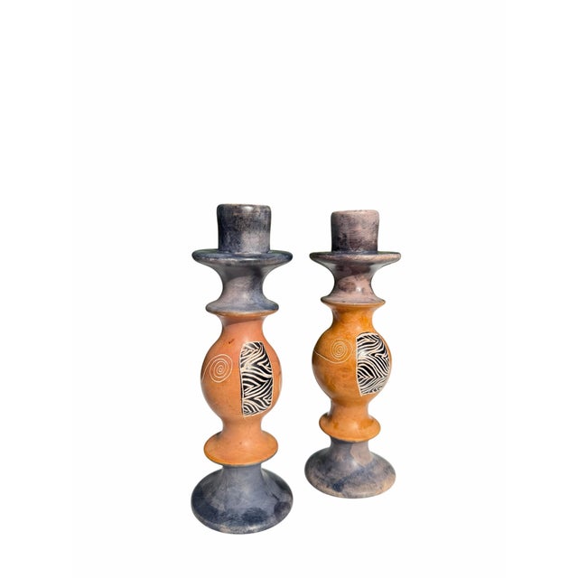 Vintage Postmodern Carved Soapstone Candlesticks , a Pair For Sale - Image 4 of 11