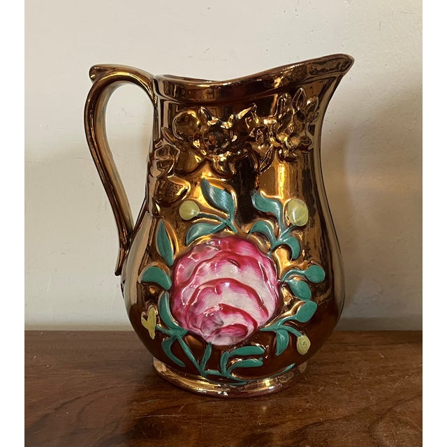 English Antique 19th Century English Regency Staffordshire Copper Luster Pitcher With Relief Molded Pink Roses For Sale - Image 3 of 14