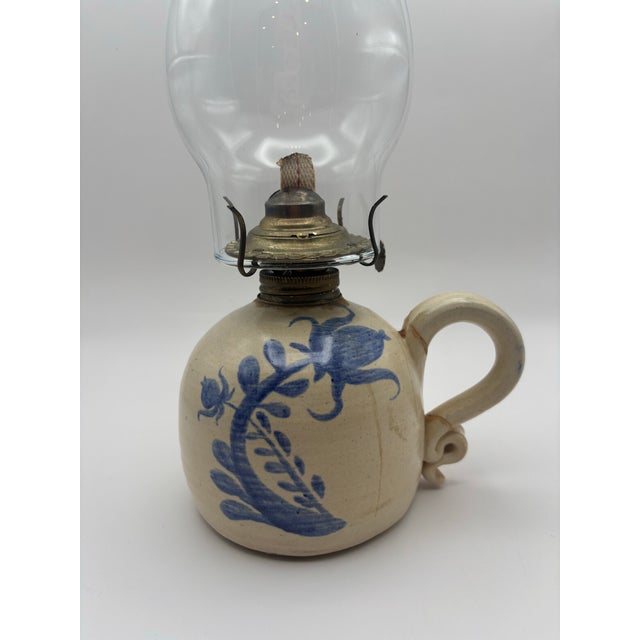 Early 20th Century Antique Blue & White Stoneware Oil Lamp With Glass Chimney For Sale - Image 5 of 10
