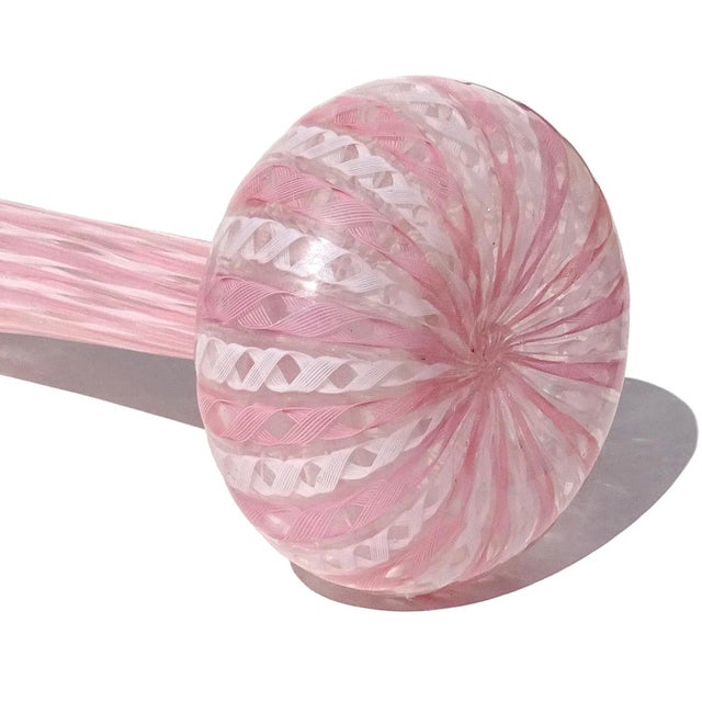 Mid 20th Century Vintage Murano Fratelli Toso Pink White Swirl Ribbons Italian Art Glass Soliflore Long Neck Flower Vase For Sale - Image 5 of 6