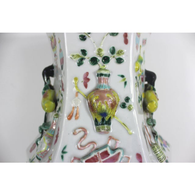 White Vintage Chinese Floor Vase With Raised Precious Objects Details Famille Rose For Sale - Image 8 of 12