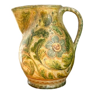 Vintage Boho Glazed Ceramic Floral Pitcher For Sale