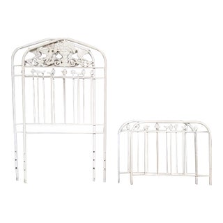 Pair Tall Vintage French Country Cast Iron White Twin Bed Frames Headboards For Sale