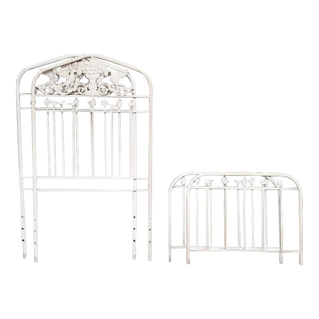 Pair Tall Vintage French Country Cast Iron White Twin Bed Frames Headboards For Sale