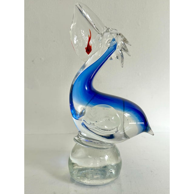 Glass Blown Glass Blue Pelican Art Sculpture With Red Fish, Murano Style For Sale - Image 7 of 7