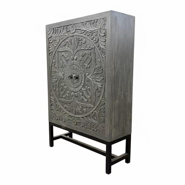 Mid-Century Modern Farmhouse Style Carved Solid Wood Distrssed Gray 46" Wide Armoire For Sale - Image 3 of 7