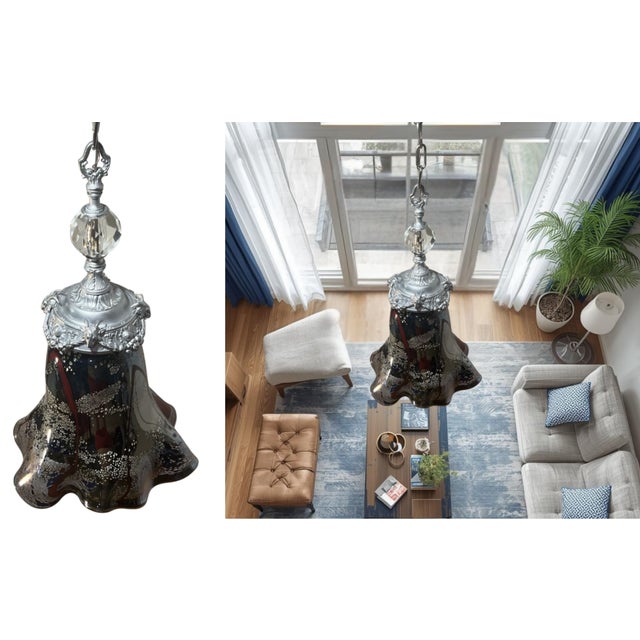 Antique Silver Tone Sculptural Med Goat Head & Abstract Art Glass Pendant Light For Sale - Image 14 of 18