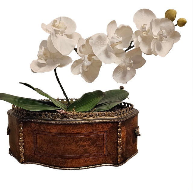 Antique Marquetry Inlaid Wooden Jardiniere With Bronze Mounts For Sale