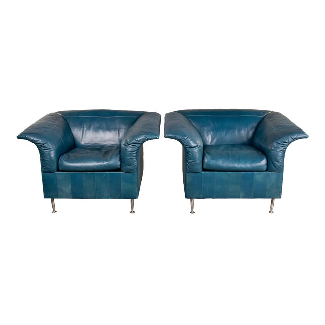 Vintage Poltrona Frau Teal Leather Chairs - Pair For Sale