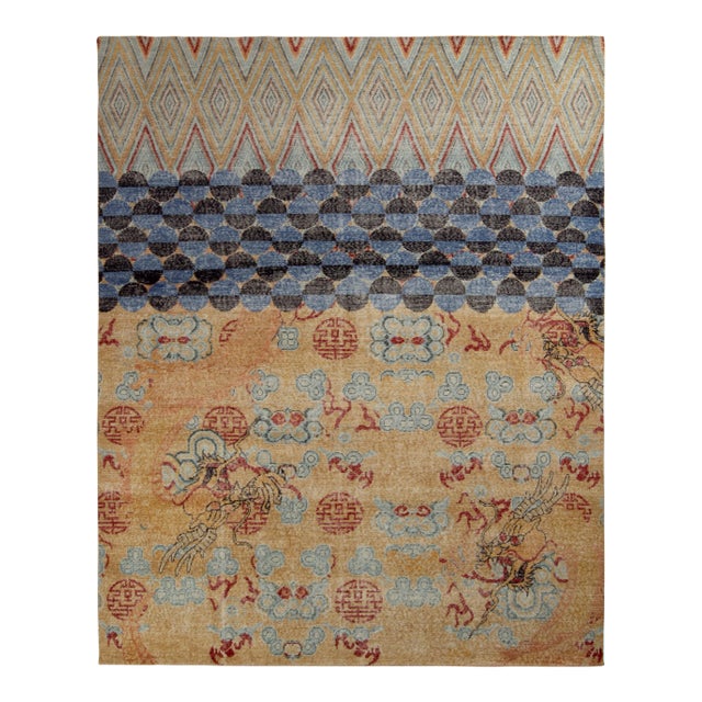 Handknotted Multi Patterned Chinese Dragon Rug, Orange and Blue, 9'x12' For Sale
