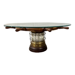 Ship Wheel Glass Top Coffee Table With Brass Lantern Pedestal Base For Sale