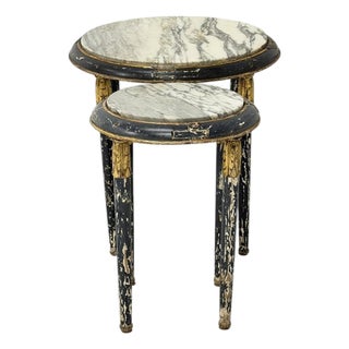 Early 20th Century French Louis XVI Style Painted Giltwood Marble Top Guéridon Tables, Set of 2 For Sale