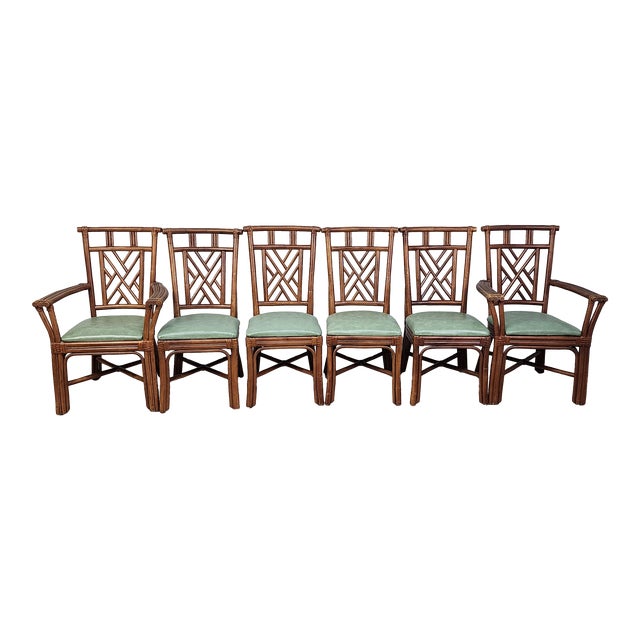1970s Vintage Rattan Chinese Chippendale Chairs - Set of 6 For Sale