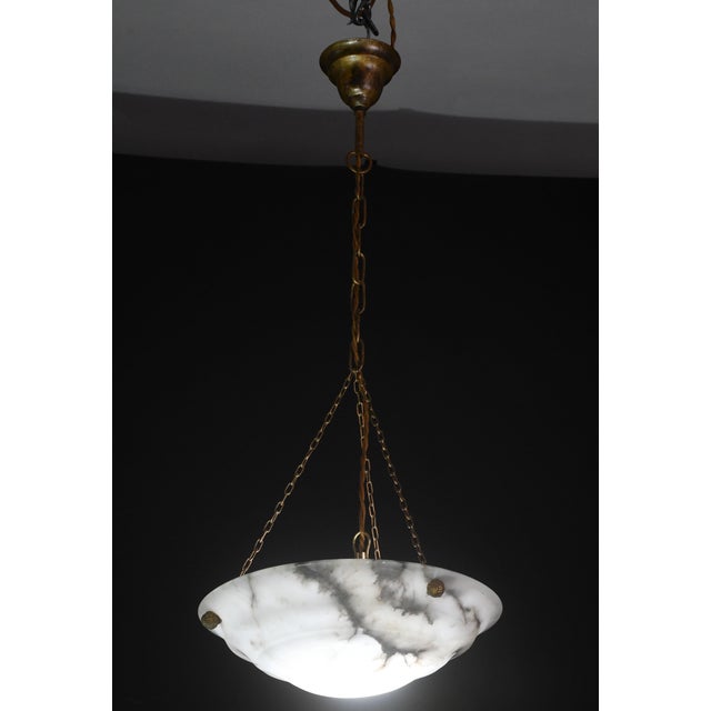 French Art Deco White Alabaster Pendant Light With Dark Veining, Circa 1940 For Sale - Image 4 of 13