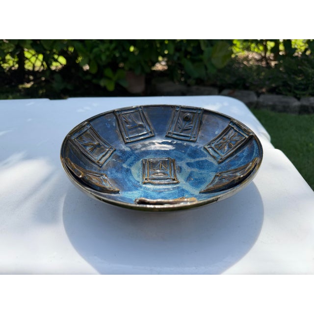 Mid-Century Modern Vintage Handcrafted Studio Pottery Bowl With Raised Botanical Panels, 8” For Sale - Image 3 of 12