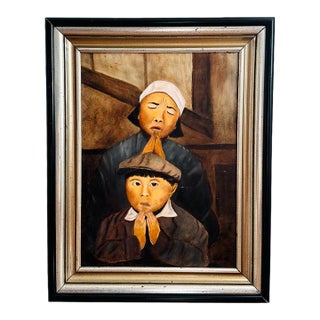 Mid 20th Century Framed Naïve-Style Figurative Painting of Mother and Son in Prayer For Sale