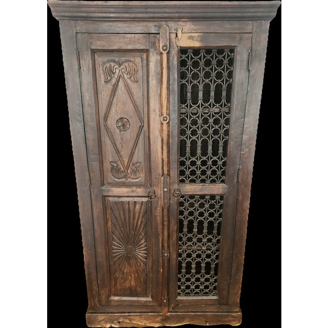 Antique Hand-Carved Wood Wardrobe with Carved Doors and Iron Grille, Bali, Indonesia, 1920s For Sale - Image 4 of 18