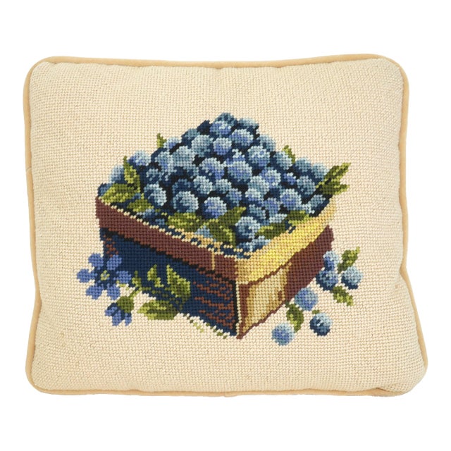 Vintage Blueberry Basket Needlepoint Pillow For Sale