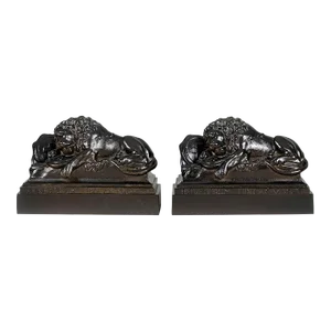 Vintage Cast Iron Recumbent Lion Bookends - a Pair