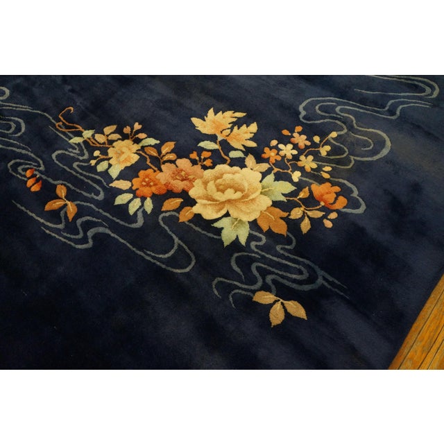 Art Deco A Lovely Small Floral Bouquet Diagonally in a Royal Blue Open Field Antique Chinese Art Deco Rug For Sale - Image 3 of 4