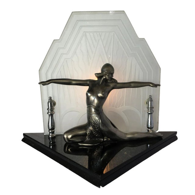 Art Deco Art Deco Revival Chrome Art Deco Cleopatra Lamp W/ Etched Glass Shade For Sale - Image 3 of 10