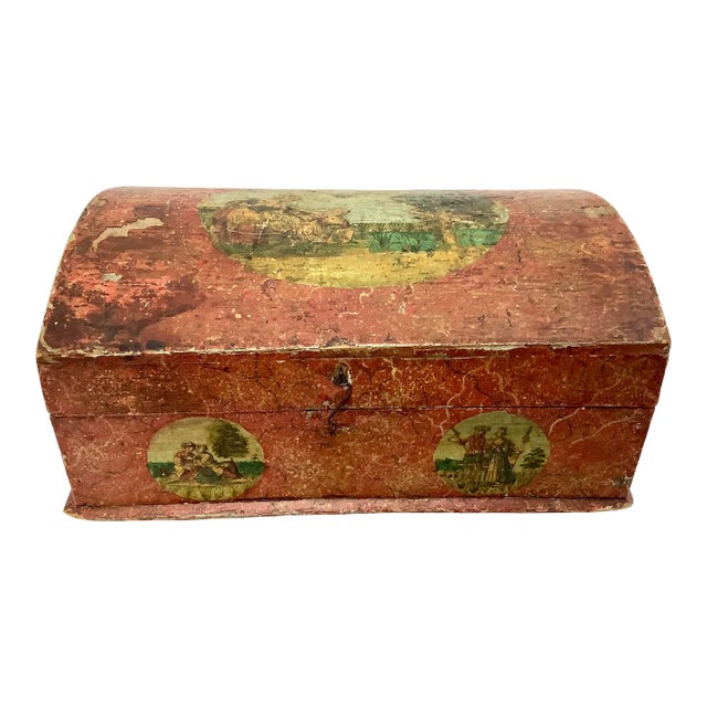 19th Century Domed Painted Decoupage Wooden Chest, Small For Sale