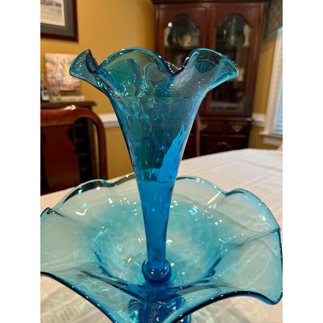Fenton Art Glass Company Early 20th Century Fenton Blue Art Glass Ruffled Epergne Trumpet Vase For Sale - Image 4 of 10
