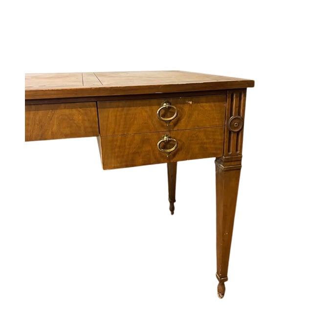Mid-Century Modern Vintage Walnut Writing Desk With Inlaid Veneer Top & Brass Ring Pulls For Sale - Image 3 of 7