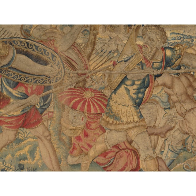 Green 17th Century Fine Brussels Tapestry, Silk Wool, Green, Blue, Red, Battle Scene For Sale - Image 8 of 12